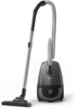Grijze Philips PowerGo stofzuiger met slang en zuigmond.