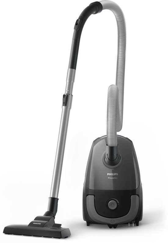Grijze Philips PowerGo stofzuiger met slang en zuigmond.