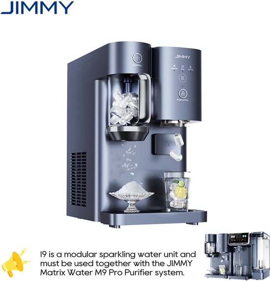Grijze JIMMY I9 bruiswaterunit voor gebruik met Matrix M9 Pro systeem, toont ijsblokjesdispenser.