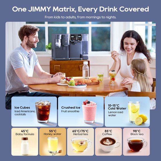 Gezin aan tafel met JIMMY Matrix M9 Pro en I9 voor drankjes zoals koude water, ijskoffie en thee.