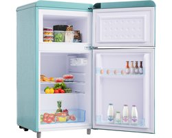 Retro koelkast - Dubbeldeurs koelkast - Koel-vriescombinatie - Vrijstaand - 72L - 39dB - LED licht - Keuken - 91 cm - Koelen - Cyaan