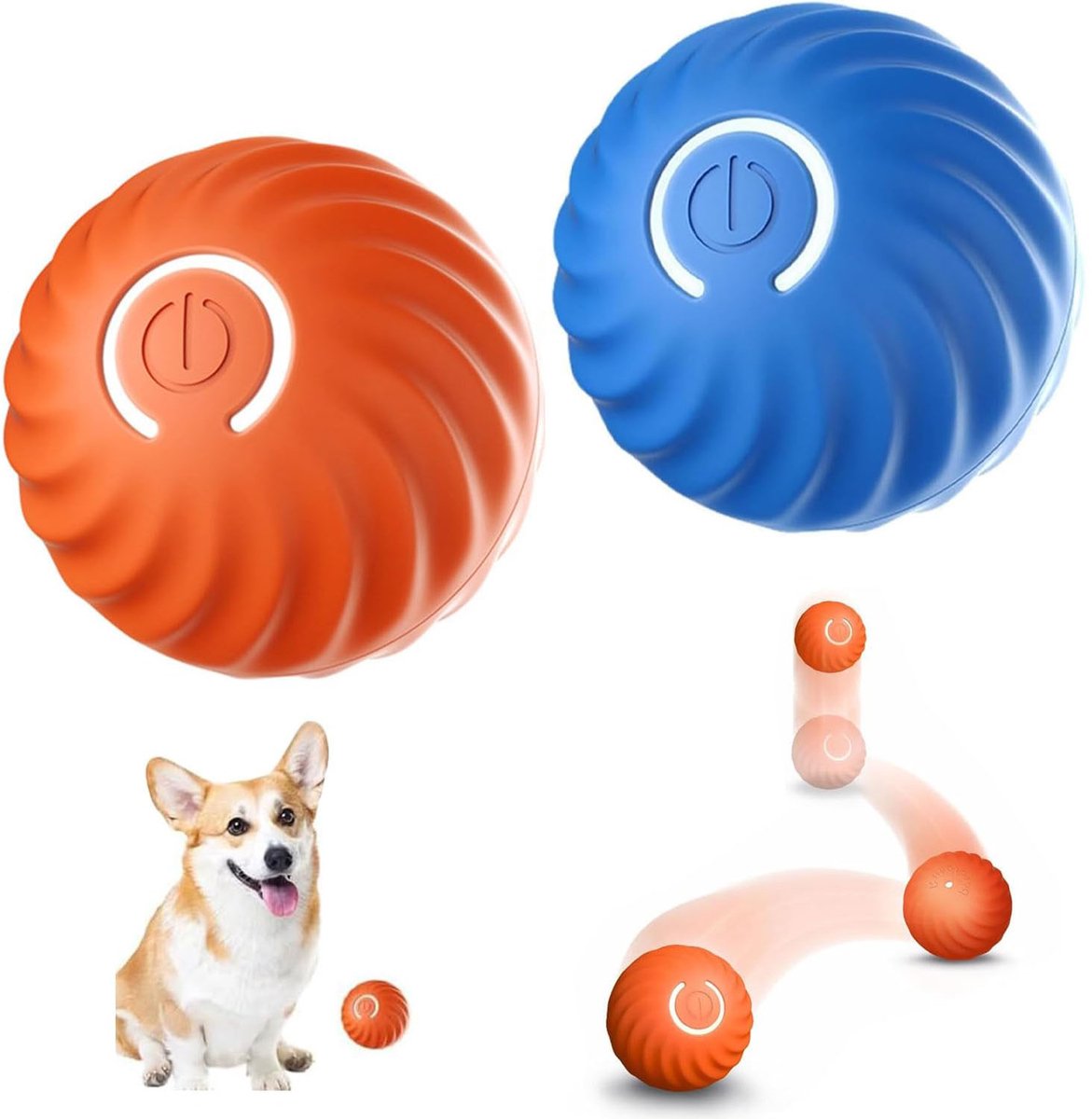 2 Stuks Interactieve Honden- en Katten Speelbal - Automatische Rolling Pet Toy Ball LED Smart Speelgoed voor Huisdieren - Oplaadbaar USB - Blauw + Oranje 56mm