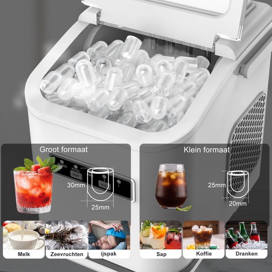 LOEFME IJsblokjesmachine - 1,4L - 12kg/24u - Bulletijs - Zelfreinigend - Draagbaar - Wit — afbeelding 3