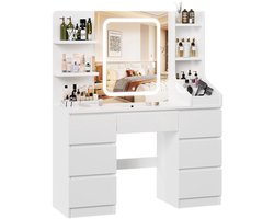 Noordvale Coiffeuse - Avec Miroir et Éclairage LED - Table de Maquillage avec Miroir - Moderne - Bois - Blanc - 110 x 40 x 140cm