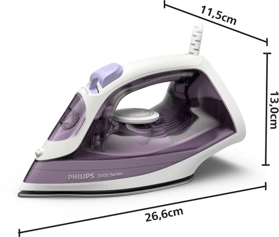 Wit en paars Philips 2000 Series strijkijzer met afmetingen 26,6cm x 13,0cm x 11,5cm.