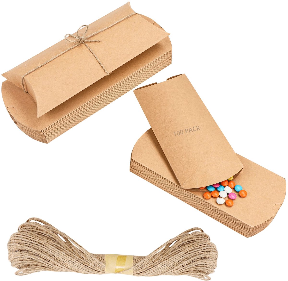 Dailygoods - Dailygoody - Bruin Papieren Kussen Geschenkdoosjes - Vintage Hobby Stijl - 100 Pak - Snoep Geschenkdoosjes - Geschikt voor Huwelijk en Verjaardagen