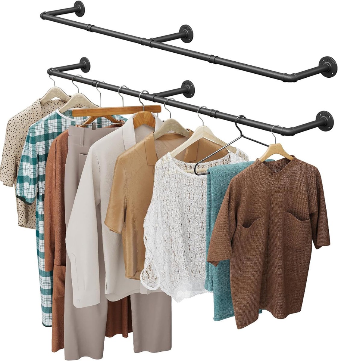 TIM® Kledingstang voor aan de Muur – Hoogwaardige Stalen Kledingroede – Set van 2 - Kledingrek - Hangrek - Garderobe Stang – Wandmontage - Zwart - 25cm x 167cm x 9cm
