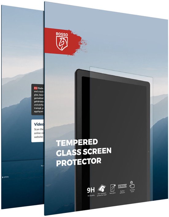 Een gehard glas screenprotector voor een tablet. Tekst: 'Tempered Glass Screen Protector', '9H', 'Silicone'.
