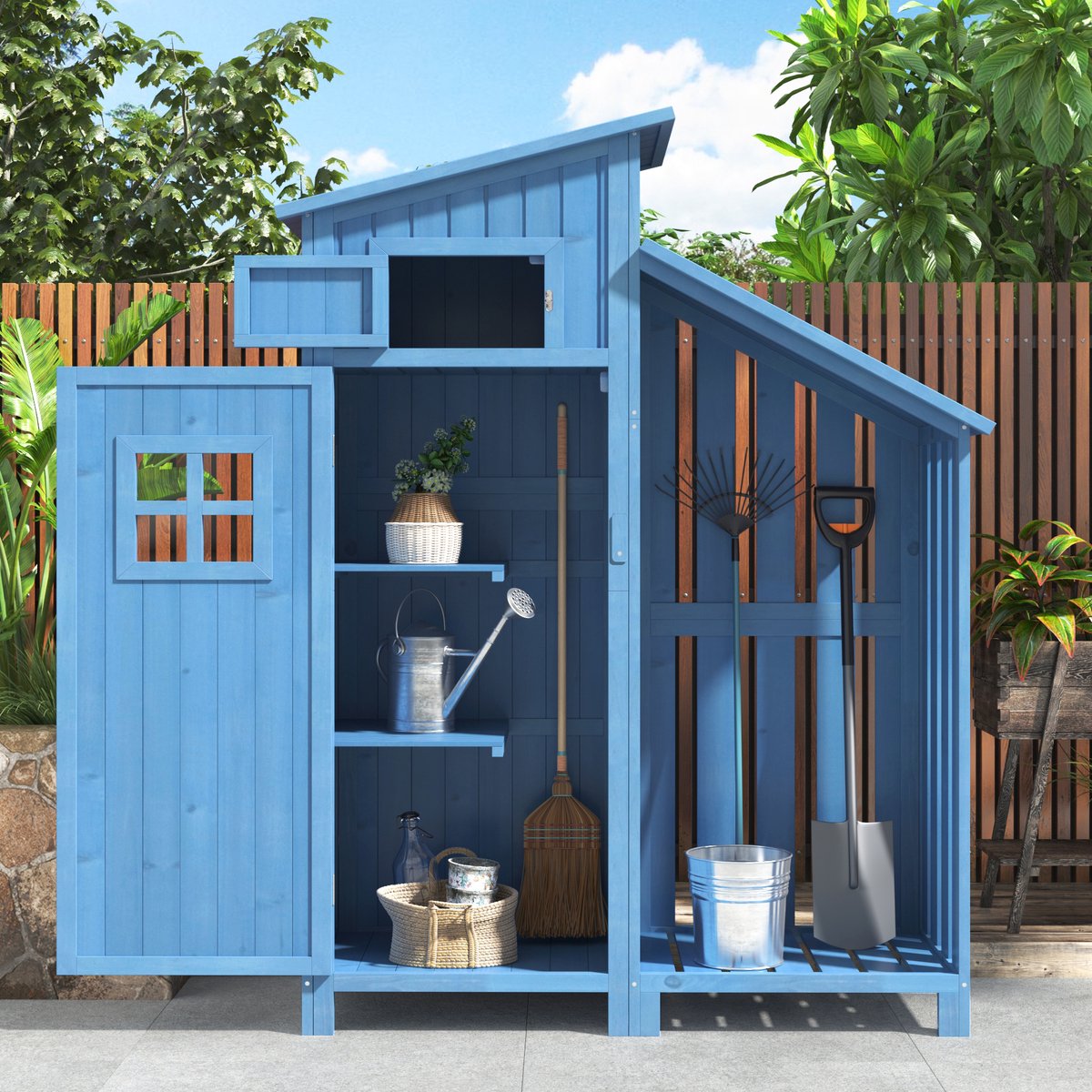 REDOM - Tuinkast - Met 2 Planken En Grote Opbergruimte - Klassiek - Voor Tuin - Massief Hout - Blauw
