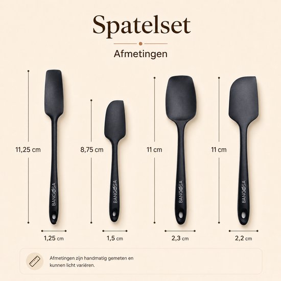 Quatre spatules noires en silicone de différentes tailles, avec les dimensions indiquées en centimètres.