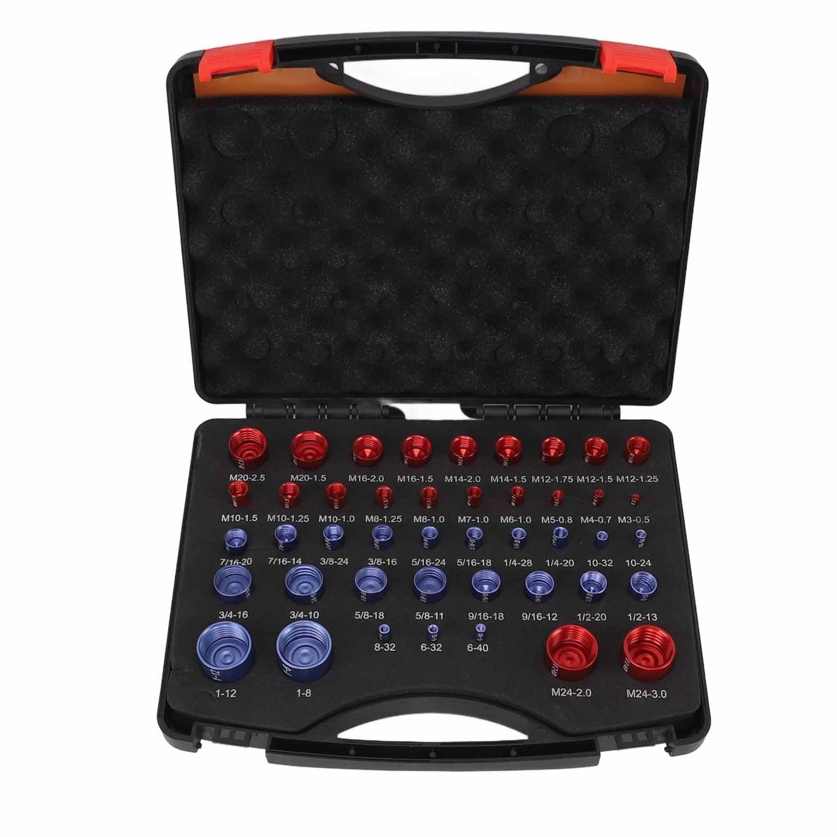 Dailygoods - Dailygoody - 44-delige schroefdraadtester - moeren en schroeven - duurzame aluminiumlegering - rood en blauw - identificeermeter - geschikt voor metri