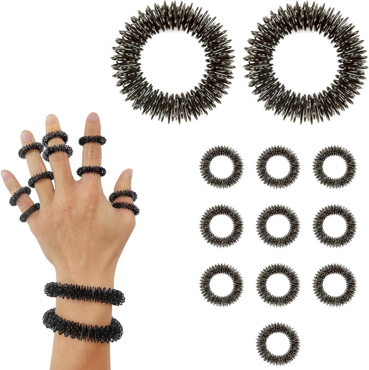 Set van 12 massage ringen en armbanden voor acupressuur en ontspanning, ideaal voor jongeren