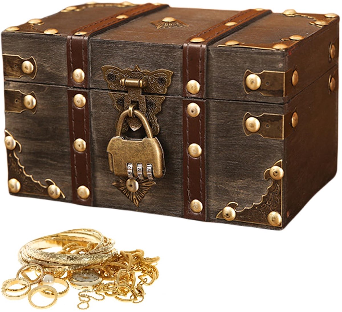 Allecto - Vintage Houten Schatkist - Cijferslot - Handgemaakt en Uniek - 18 x 11 x 10 cm - Sieradenkistje - Voor Kinderen - Decoratief