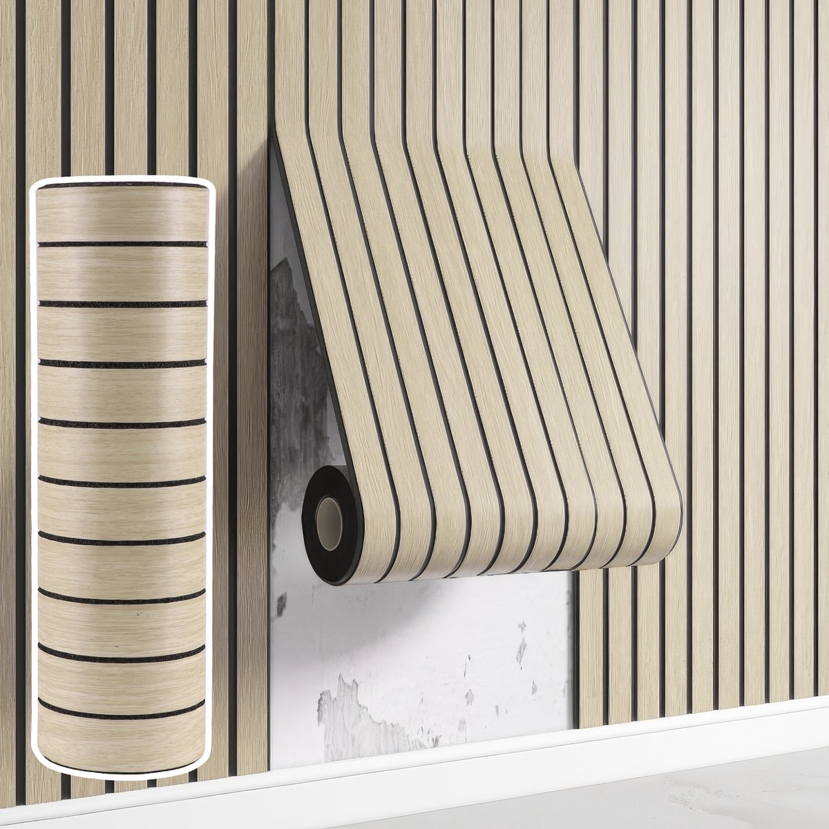 Lemlit 3D Zelfklevende Wandpanelen Houtlook - PVC Wandbekleding Lattenwand Look - 40 x 300 cm - Verwijderbaar Behang voor Woonkamer Keuken Slaapkamer - Beige