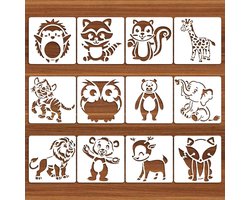 12 Stuks Dieren Sjablonen voor Kinderen - Schattige Dieren Sjablonen voor Textielontwerp, Wasbare Plastic Verf Sjablonen voor DIY Kleding en Rugzakken 13x13cm