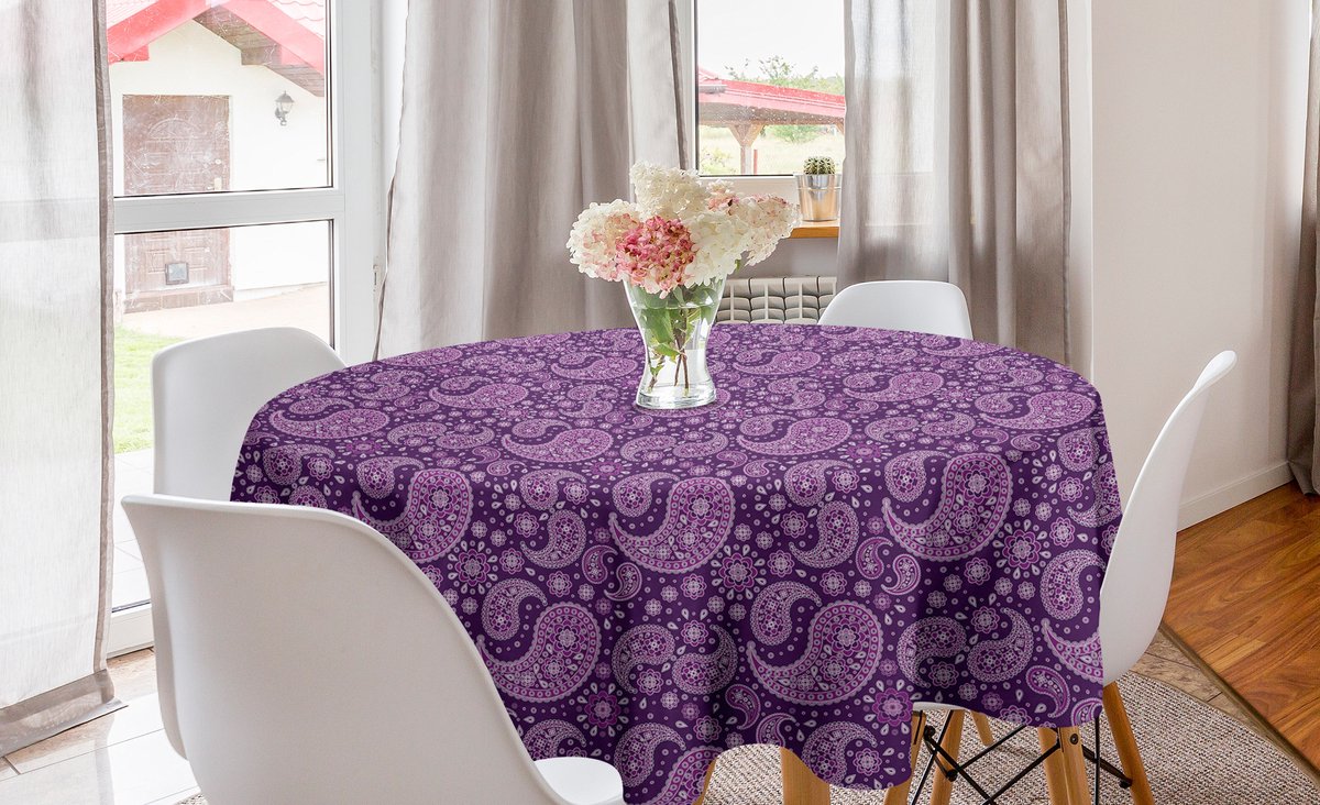ABAKUHAUS paarse paisley ronde tafelkleed, bloemmotief damast, cirkelvormige tafelkleed voor keukendecoratie in de eetkamer, 150 cm, paars fuchsia