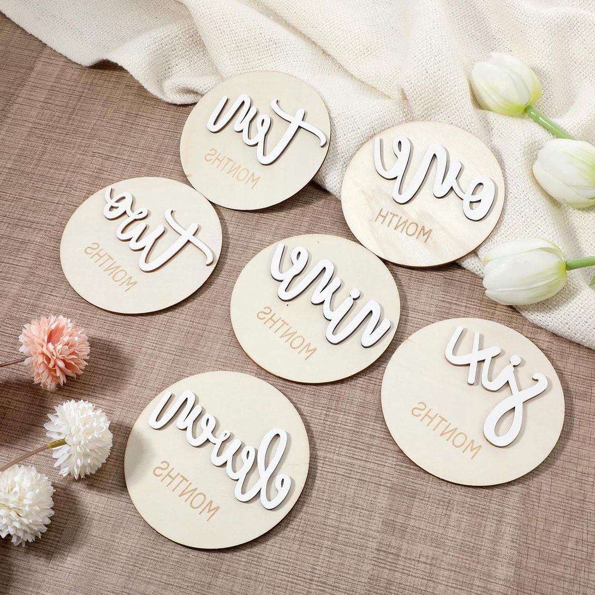 Set van 6 Houten Mijlpaalkaarten voor Baby's, 1-12 Maanden, Maandelijkse Groei Kaarten, Unieke Cadeaus voor Ouders en Toekomstige Moeders