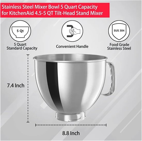 Mengkom Keukenmixer - Reserve Kom - Beslag Maken - Roestbestendig Metaal - 5 Liter - Zilver — afbeelding 4
