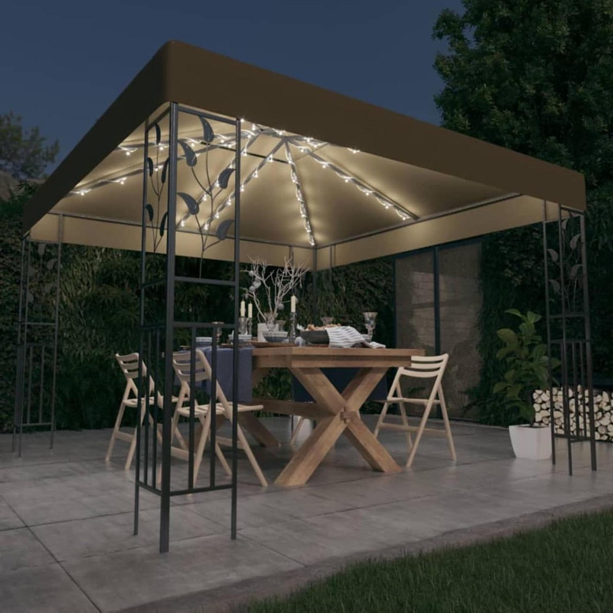 Tuinpaviljoen met Verlichting - Partytent Gazebo - Buitenfeesten - Dubbel Dak - 3 x 3 m - Taupe