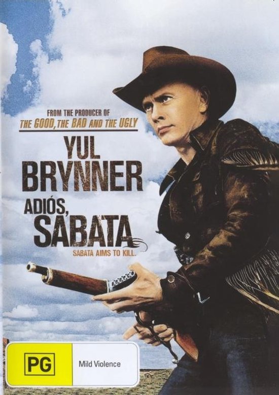 Yul Brynner draagt een bruine hoed en een bruine jas, en houdt een geweer vast. Boven de titel 'Adios, Sabata'.