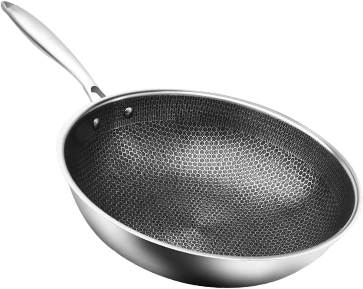 Roestvrijstalen Wok - Koekenpan Braadpan - Thuis Koken - Snel Gelijkmatig Verwarmen - 32 cm - Zilver