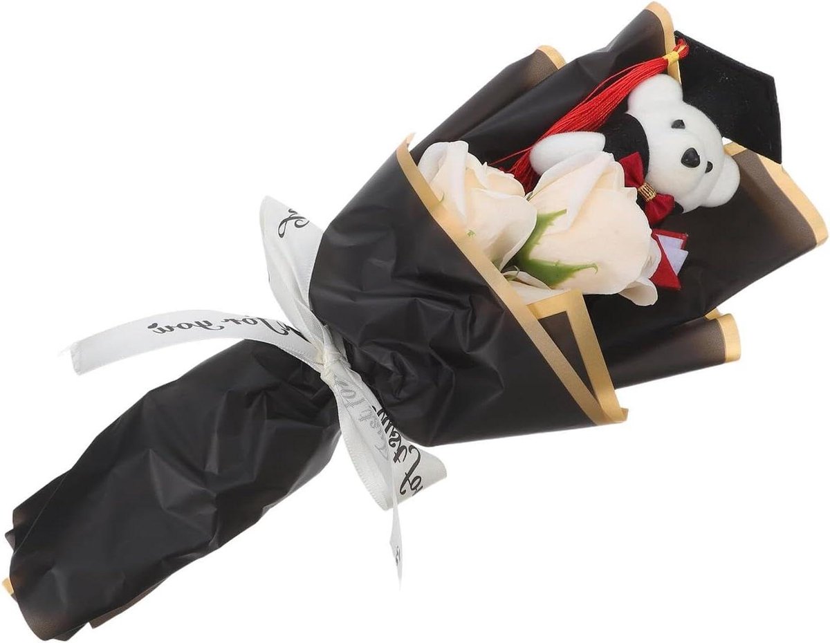 Afstudeerboeket Beer - Bloemenbeer Cadeau - Afstuderen Vieren - Kunstbloemen Langdurig - 37x16x9 cm - Zwart
