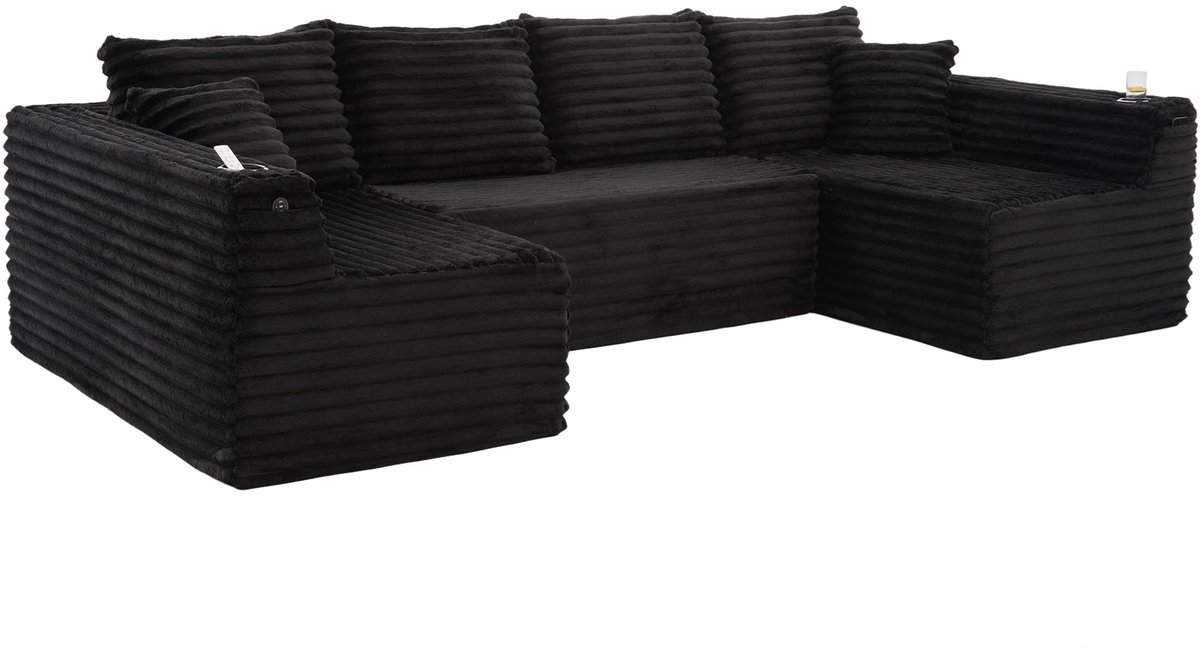 Merax U-Bank 6-Zits - Zwarte Ribstof Hoekbank - Modulaire Lounge Bank met Drinkhouders - Zijvakken - Schuimvulling en Vering - Inclusief 4 Rugkussens en 2 Sierkussens - Woonkamer Bank 320 cm