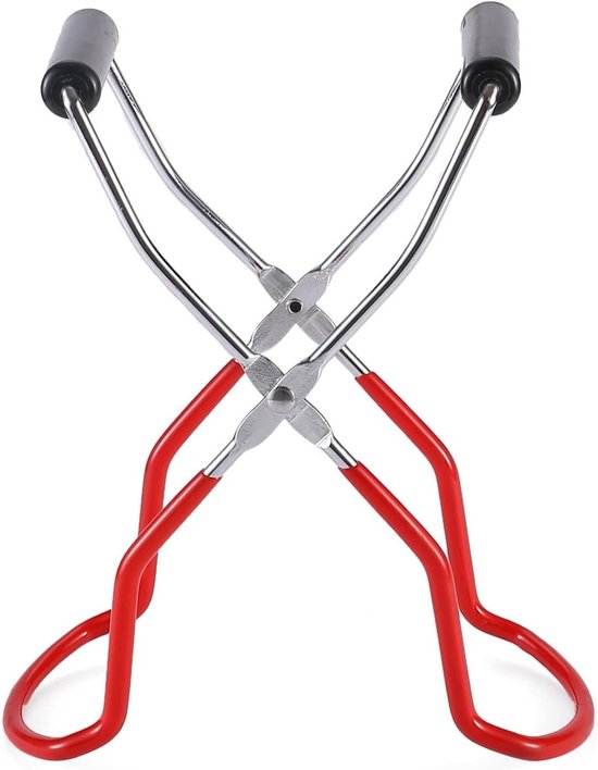Une pince à bocaux rouge et argent avec des poignées noires.
