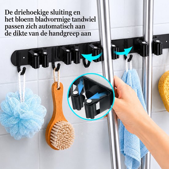 Bezem en gereedschapshouder 2 stuks geschikt voor keuken, schuur en garage - Wandmontage van RVS met 5 houders en 6 haken, 60 cm - Stevig ophangsysteem voor bezems en tuingereedschap - Mat zwart — afbeelding 3