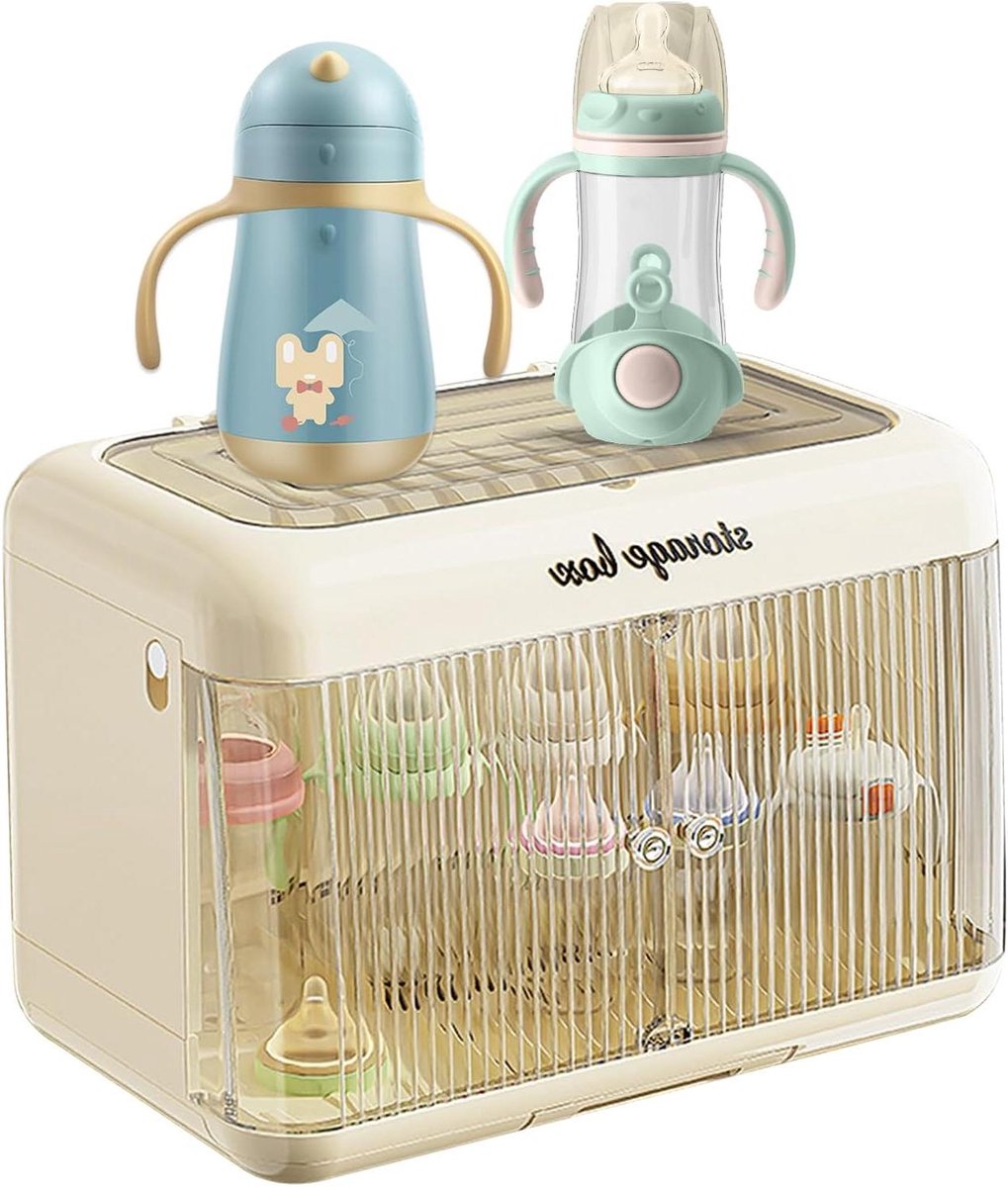 Flessenrek Droger - Babyfles Organizer - Flessen Schoon Houden - Stofdichte Opbergdoos - 286D x 162B x 286H cm - Romig