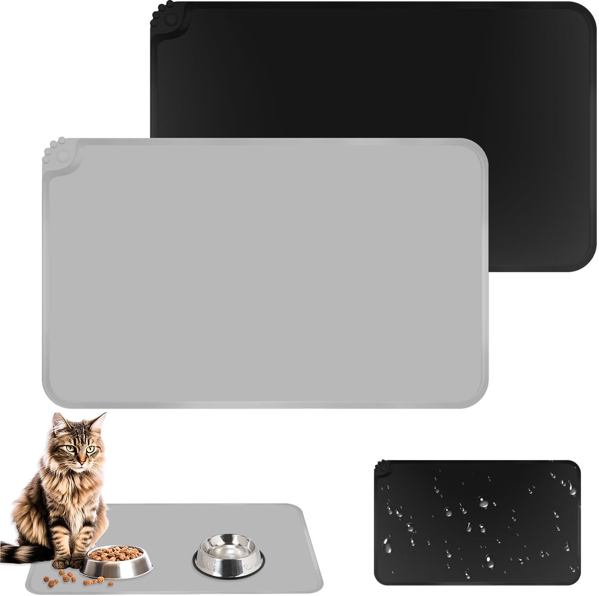 carmdering - Napfunterlage Voor Hond En Kat - Voerbak Matje - Siliconen Dierenmat - Waterdicht Opvangbakje - Antislip Voerbak Onderlegger - Levensmiddelveilig Siliconen - Rolbaar En Duurzaam Design - Beschermt Uw Vloer Tegen Morsen - 2 Stuks