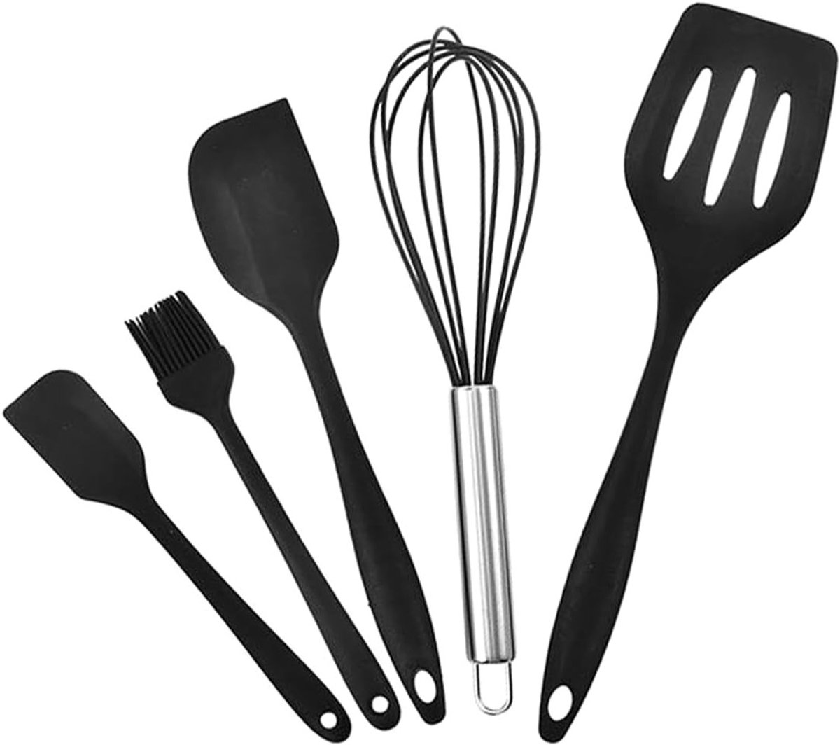 Set van vijf siliconen keukengerei voor koken, bakken en bereiden van voedsel, hittebestendig en duurzaam