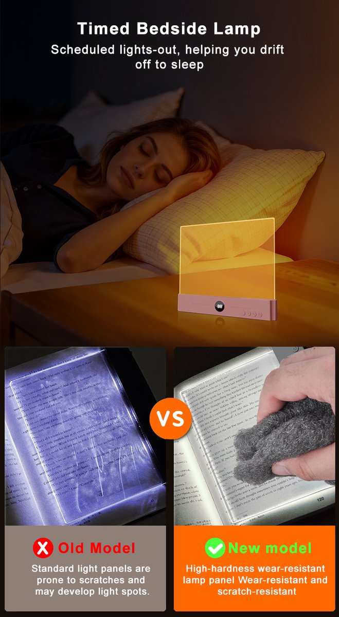 LED Leespaneel - Transparant Boeklampje - Met Smart Timer & Display - 3 Lichtstanden & Traploos Dimbaar - 1200mAh Oplaadbaar - Plat leeslampje - Perfect voor Lezen in Bed - Zwart — afbeelding 2