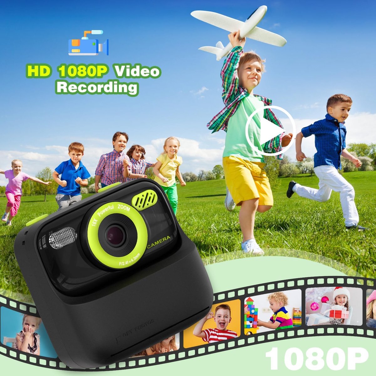 Digitale camera – Digitale camera voor kinderen met directe printfunctie – Ontwerp met dubbele lens – Unisex – 1080P HD-camera met dubbele lens voor selfies – Inclusief printpapier & 32GB-geheugenkaart–Cadeau voor jongens en meisjes – Zwart & groen thumbnail 5