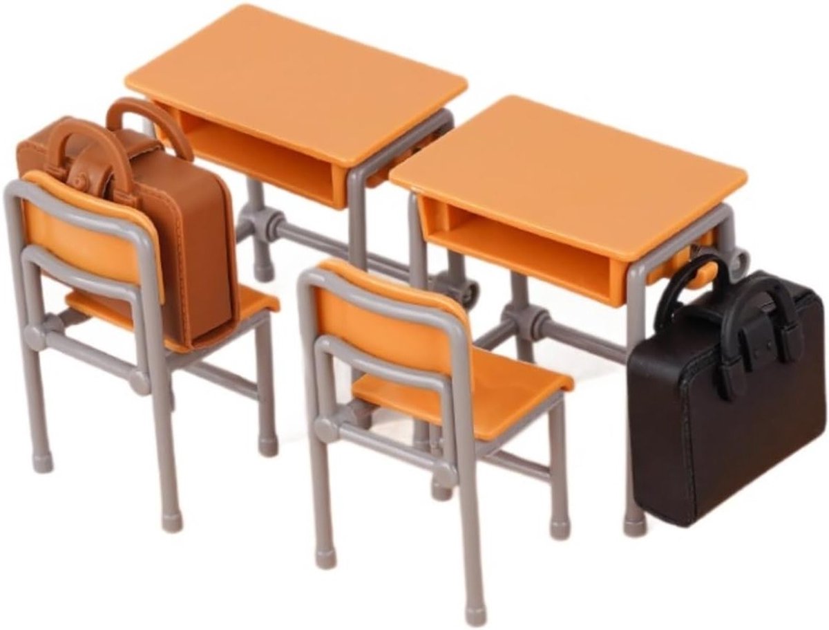 Miniatuur Klaslokaal Set met 6 Stukken, Schoolmeubilair met Tafels, Stoelen en Rugzakken voor Decoratie en Speelgoed