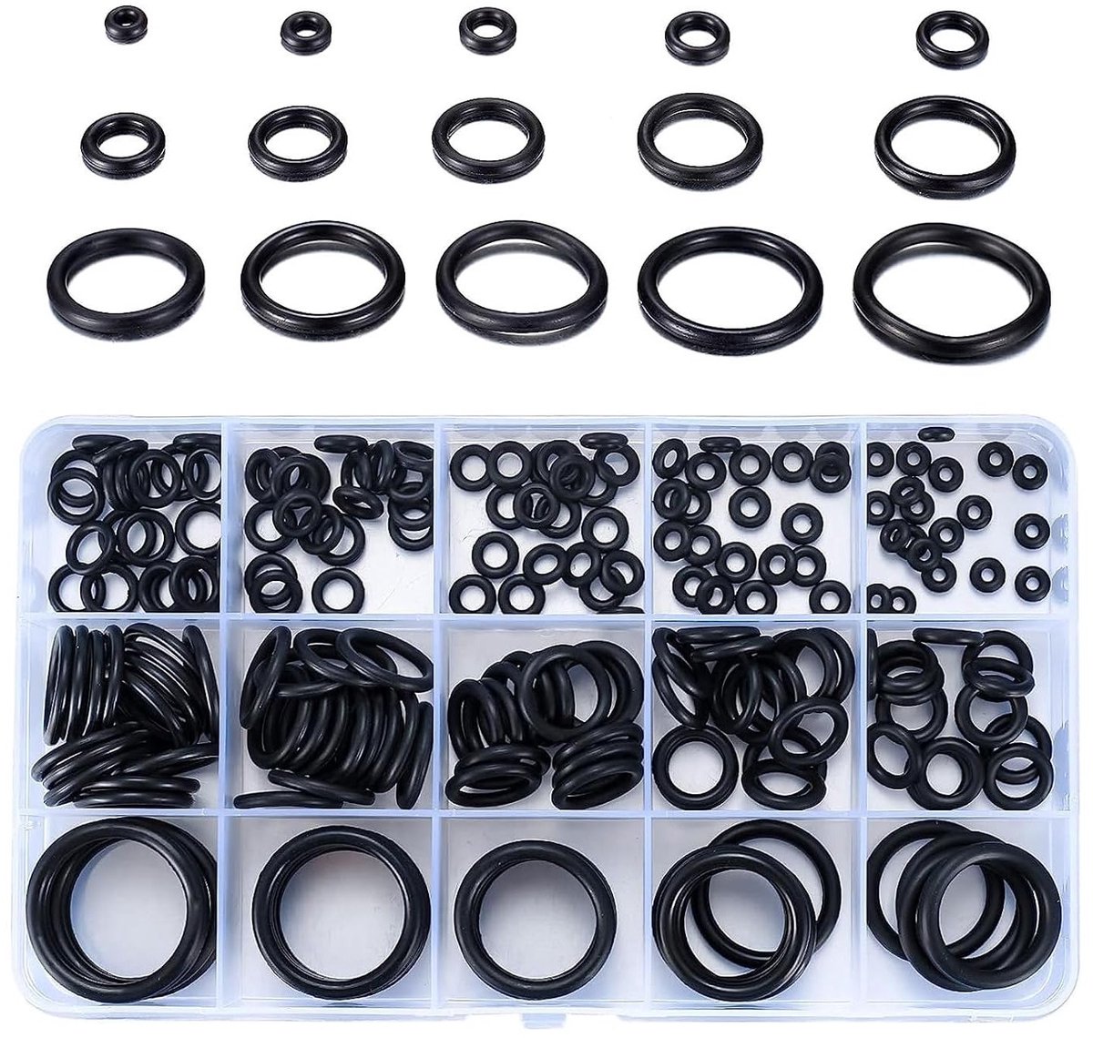 350 Stuks O-Ringen Assortiment, 15 Maten Zwarte Nitril Rubber Sealing Ringen voor Sanitair en Auto Reparatie