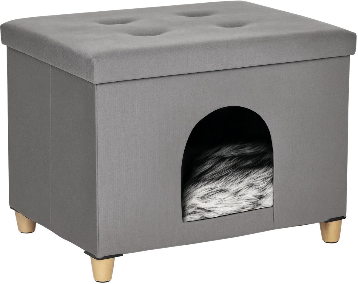 Hutjemutje - 2-in-1 kattenmand - voetenbank - kattenmand - kattenhuis - zachte voering - pluche - 60 x 45 x 44,5 cm - grijs