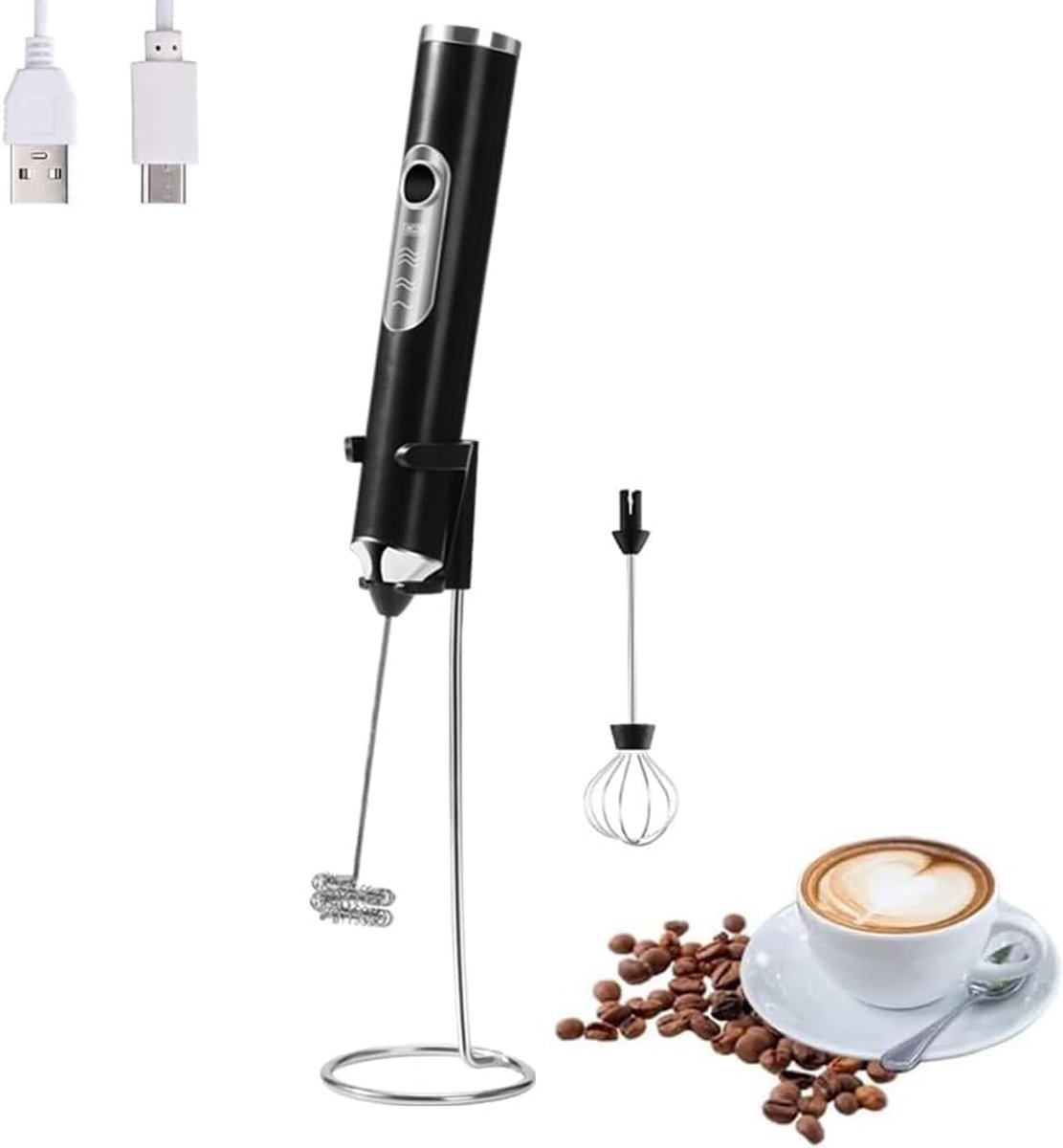 Draagbare elektrische melkschuimer met 2 koppen, USB-oplaadbaar met 3 snelheden, schuimmixer voor latte, cappuccino, warme chocolademelk en eieren (zwart met standaard)