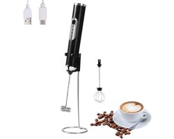 Draagbare elektrische melkschuimer met 2 koppen, USB-oplaadbaar met 3 snelheden, schuimmixer voor latte, cappuccino, warme chocolademelk en eieren (zwart met standaard)