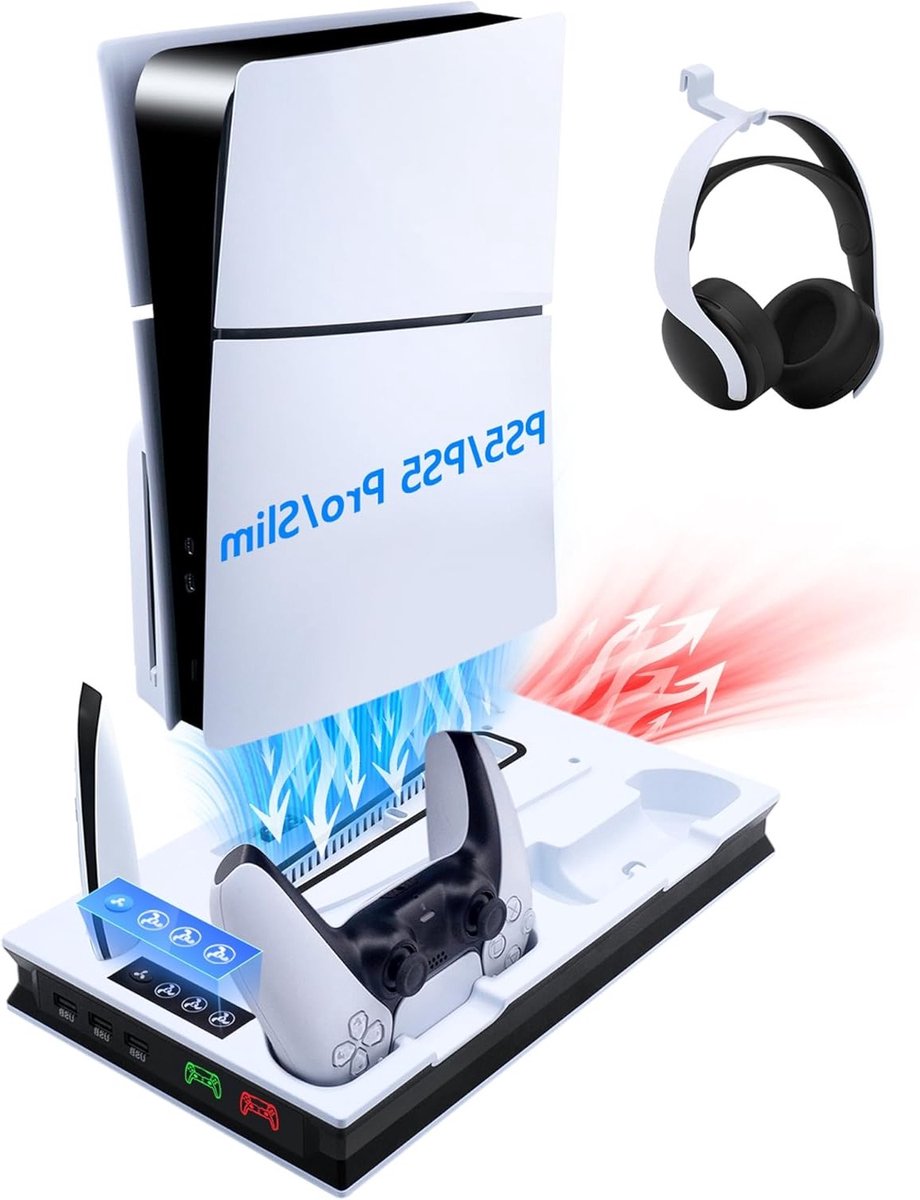 PS5 Slim Oplaadstation met Ventilator, 3-Snelheden, Multifunctioneel en LED Koeling voor Dual Controller - Geschikt voor Playstation 5 UHD/Digital Edition