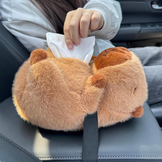 Pluche tissuebox - Zakdoekhouder - Auto Interieur - Schattig Capybara Design - 26 cm - Bruin — afbeelding 4