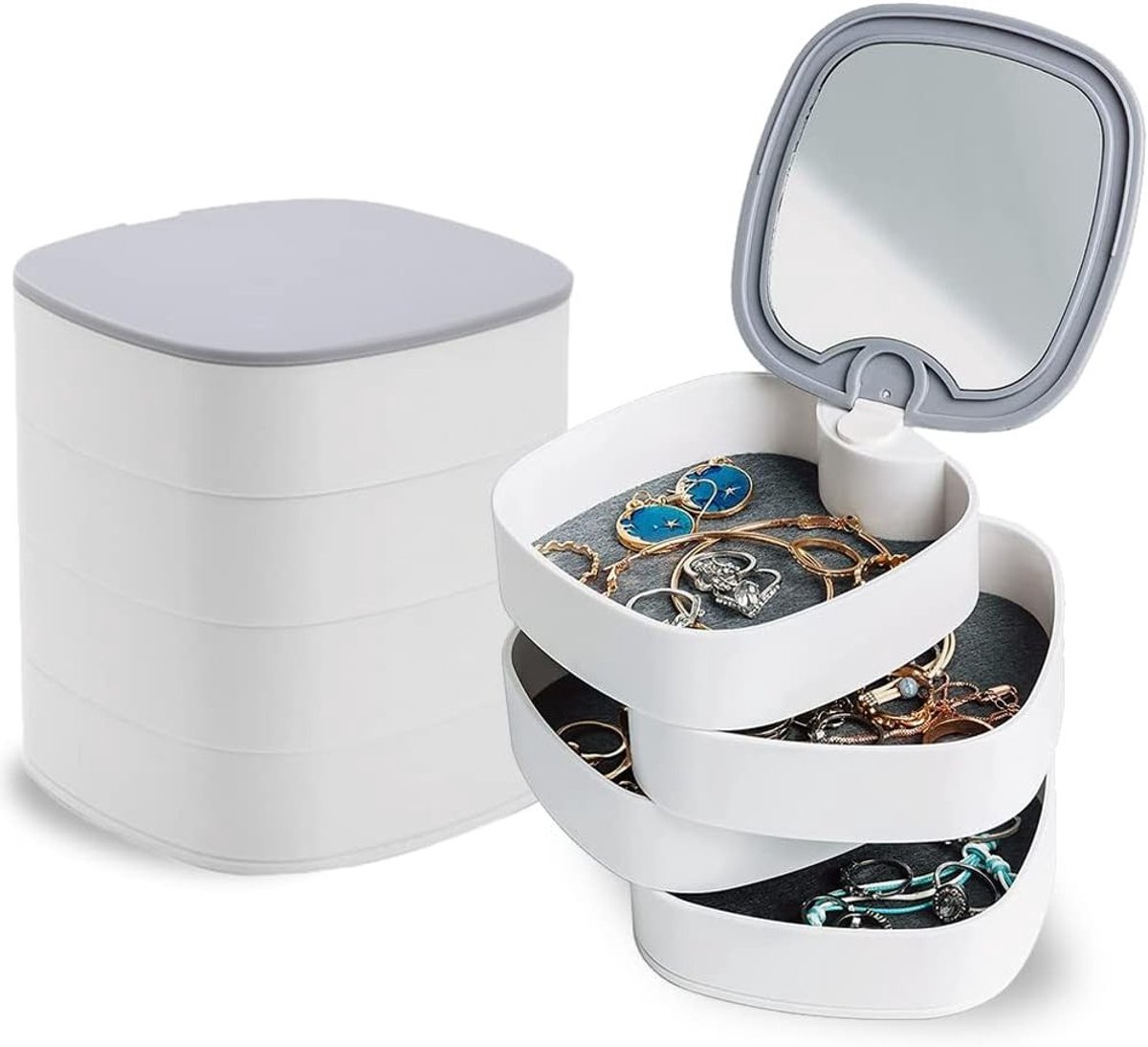 Sieradenorganiser met 4 niveaus en spiegel, draaibare juwelendoos voor thuis en onderweg, perfect voor dames en meisjes