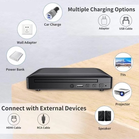 Mini DVD-speler - Draagbare CD-speler - Films Kijken - HD en RCA Kabel - 1080P Resolutie - Zwart — afbeelding 2