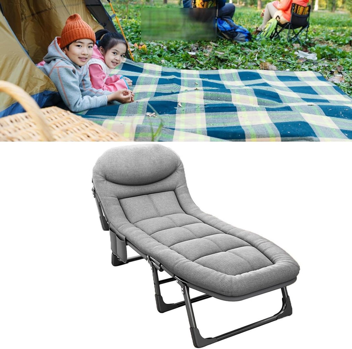 Opvouwbaar campingbed - Slaapbed met matras - Buiten ontspannen - 6 standen verstelbaar - 200 x 65 cm - One Color