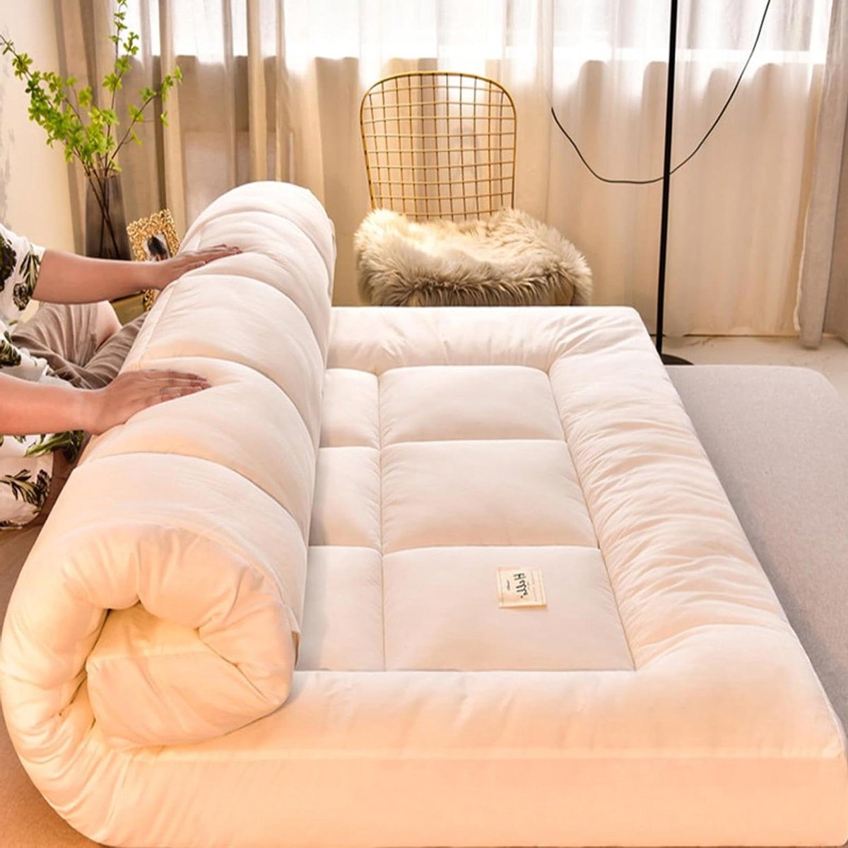 Opvouwbare futon matras - Gastenbed vloer - Comfortabel slapen - Verdeelt lichaamsgewicht - 90 x 200 cm - Wit