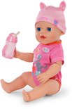 BABY born Emma pop zittend met roze outfit en muts met oortjes. Houdt roze flesje vast.