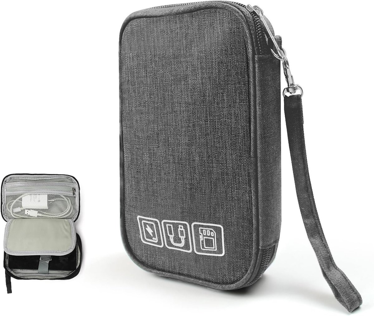 Grote 3-laagse Elektronische Organizer Tas voor Kabels en Accessoires - Draagbare Tech Pouch met Polsband voor USB Powerbank en Reisbenodigdheden (Grijs)