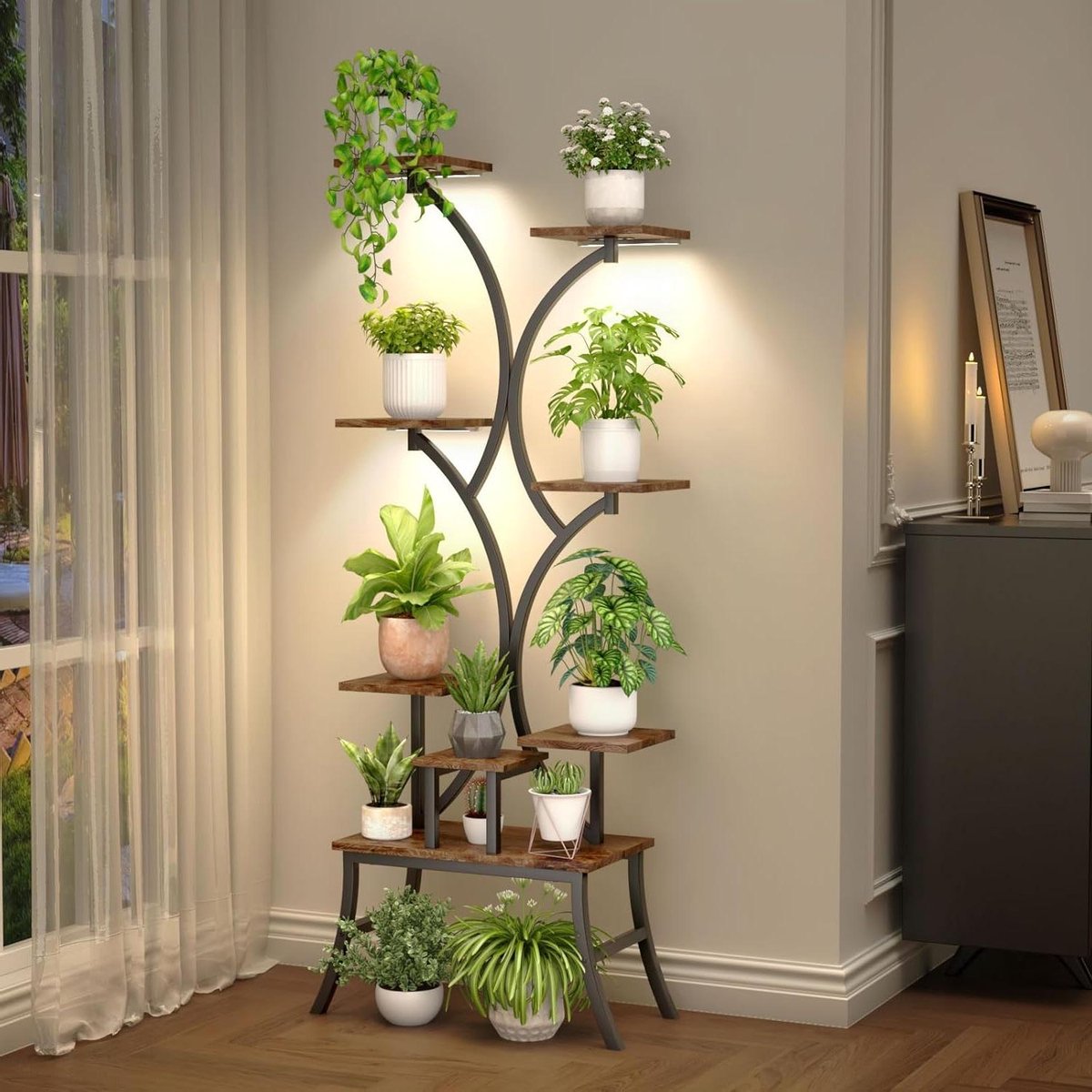 Plantenstandaards binnen met groeilicht voor kamerplanten, meerdere - 157,5 cm hoge binnenplank met anti-kantelapparaat, zwart metalen bloemenhouderrek voor binnen, woonkamer, terras, balkon