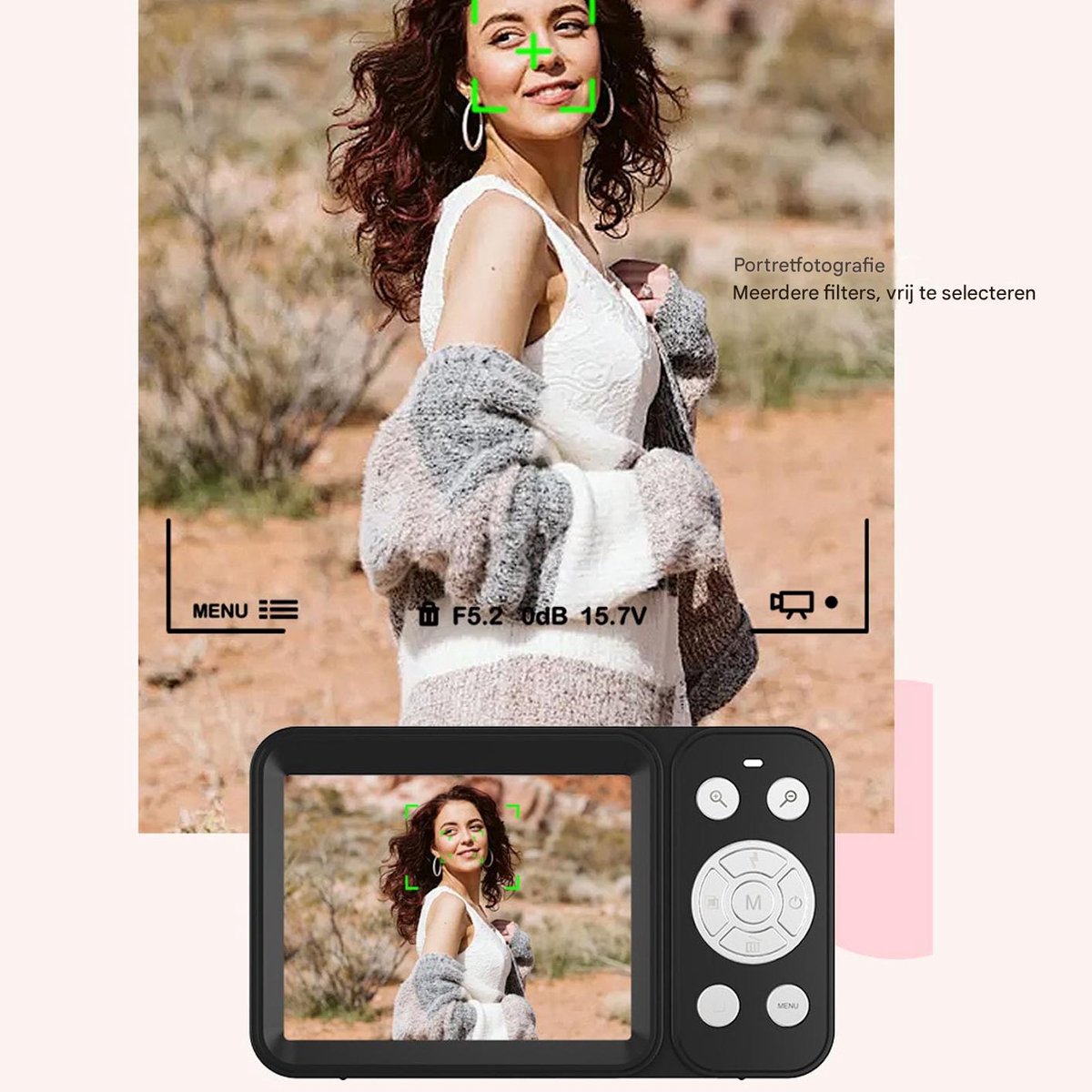 carmdering - Digitale Camera - 4K Camera - Vlogging Camera - 64MP foto's, 2,8 inch dubbel scherm, 18x zoom - AF autofocus, ingebouwde flitser - USB-C, 1200 mAh - Kan als webcam - Zwart - Perfect voor beginners en tieners thumbnail 5