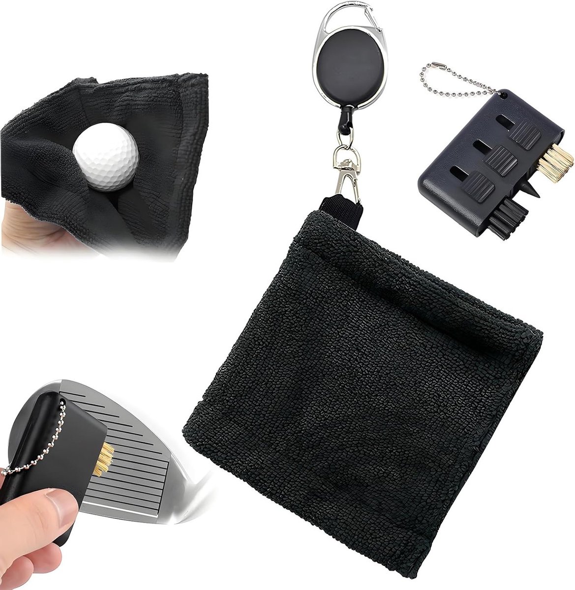 Zwarte Golfhanddoek Set met Schaalbare Carabiner Clip en Clubborstel, Ideale Golfaccessoires voor de Golfbaan, Sport en Fitness